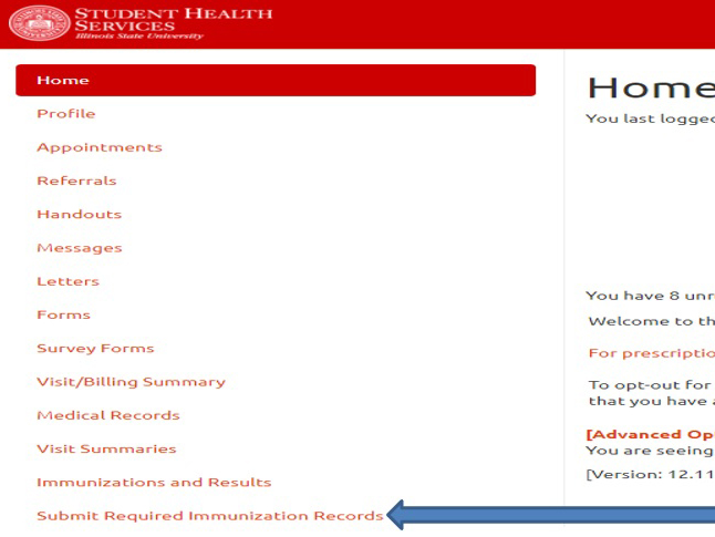 Screenshot of the Patient Health Portal navigation with Submit Required Immunization Records link highlighted.